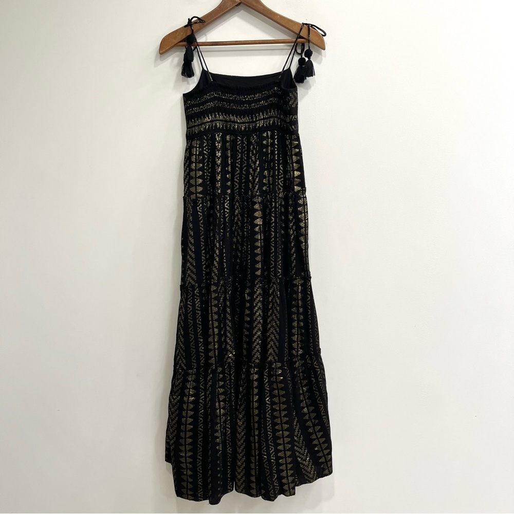 Saylor Joanie Tiered Maxi Dress Fringe Tassel Ties Black Metallic Details M - Picture 4 of 15
